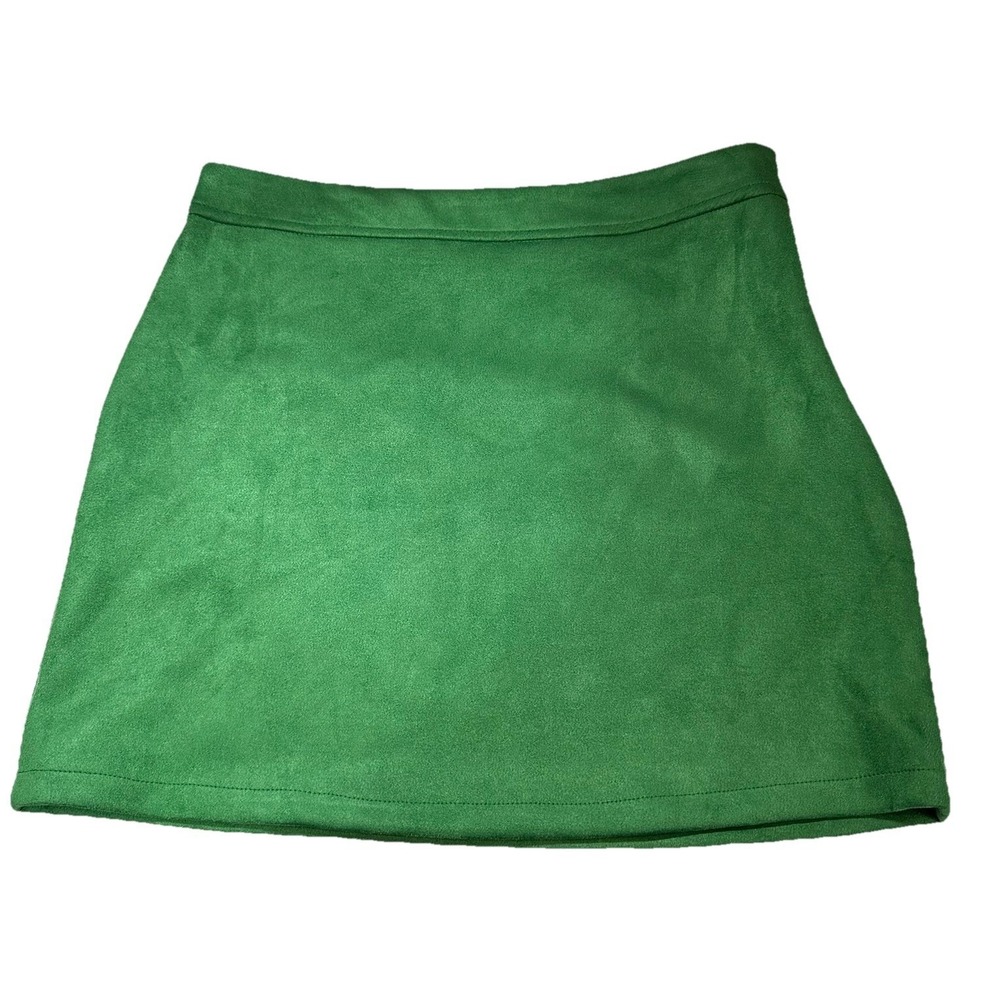 Primark Mini Skirt Women's Size 8 Green Faux Suede Stretch Side Zip Boho Poly